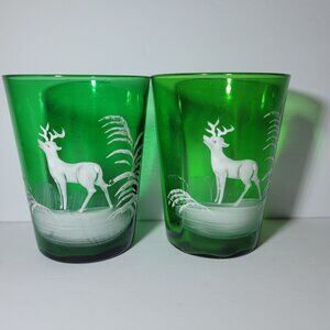 Vintage Mary Gregory Green Glass Tumblers With White Deer Design Set Of 2